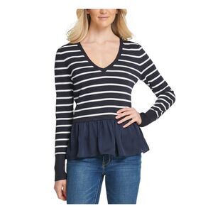 DKNY Womens Navy Striped Long Sleeve Top L